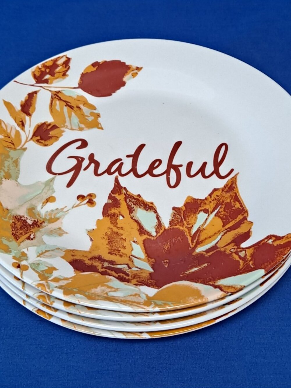 Set 4 ROYAL NORFOLK Fall Leaves 7 1/2" SALAD PLATES Thanksgiving GRATEFUL